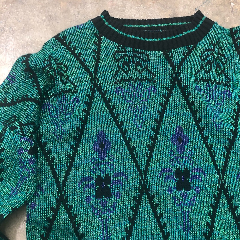 Vintage 70s Lurex Sweater Oversized Green Black - Picture 2 of 5